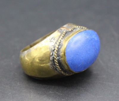 Turkmen Alpaka Gold Color Blue Enamel Ring, Belly Dance Oval Afghan Ring Size 7