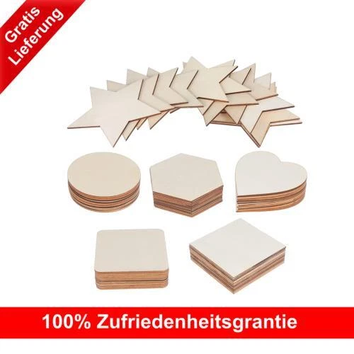 60 Stück Unlackierte Holzscheiben in verschiedenen Formen, Premium