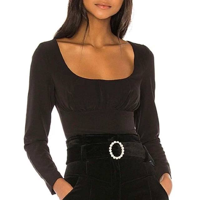 Revolve NBD Kasper Pleated Ruched Scoop Neck Long-Sleeved Blouse Crop Top Black