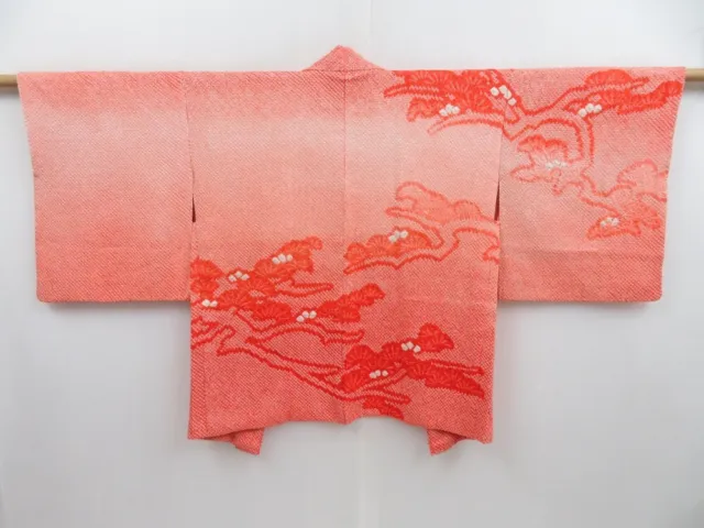 3218T13z480  Japanese Kimono Silk SHIBORI HAORI Pine Orange-Red