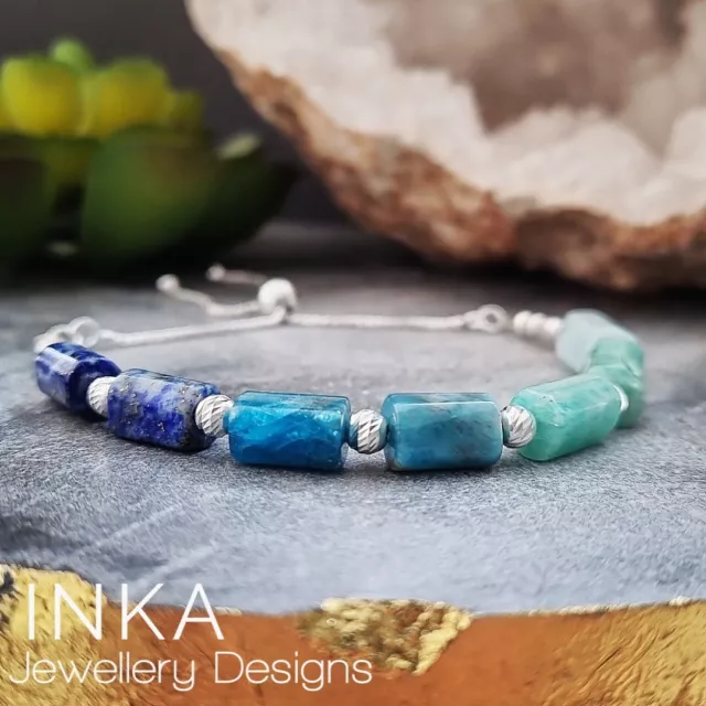 Inka 925 solid Sterling Silver and GEMSTONE beaded Stacking Slider Bracelet