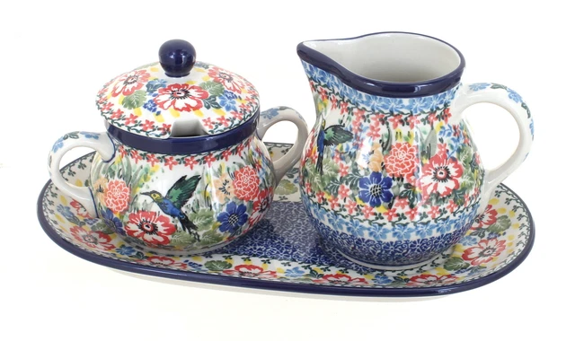 Blue Rose Polish Pottery Hummingbird Large Cream & Sugar Set with Tray