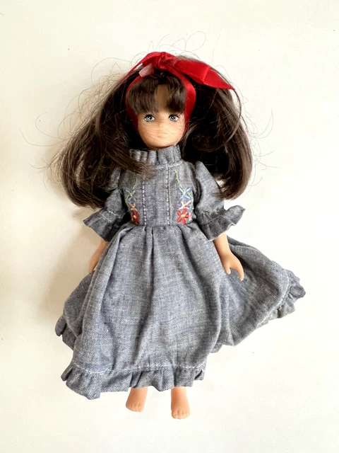 Horsman Doll Gorgeous Brunette Long Hair 8.5" Tall, Blue Eyes Blue Cotton Dress