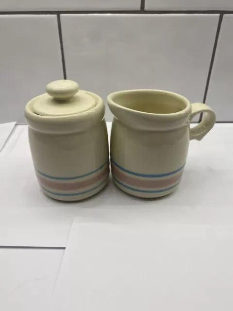 Mccoy pottery creamer and sugar bowl vintage White W Pink And Blue Stripes #1414