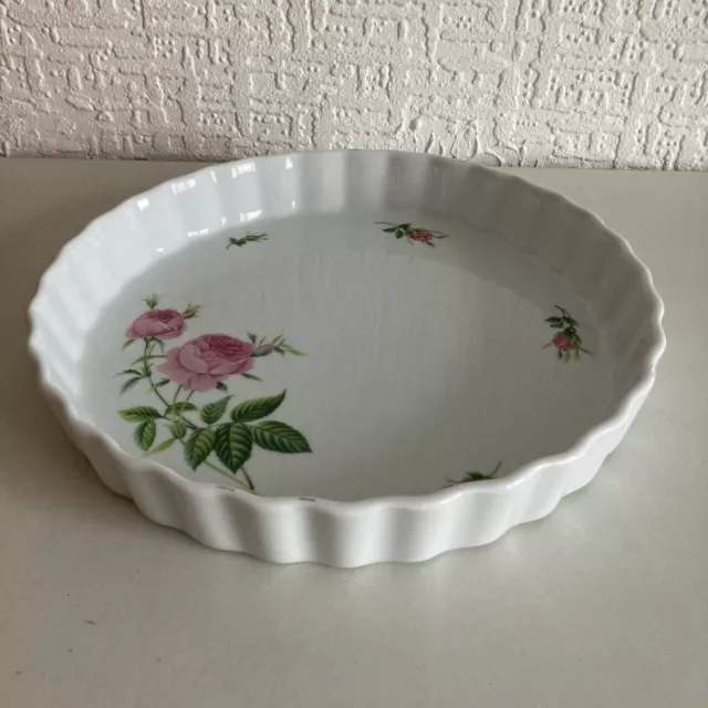 Vintage 1980s Porcelain Christineholm Pink Rose Fluted Quiche Flan Pie Dish