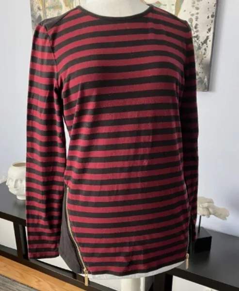 MICHAEL KORS Black Burgundy Striped Long Sleeve Cotton Jersey Pullover Top Tee M