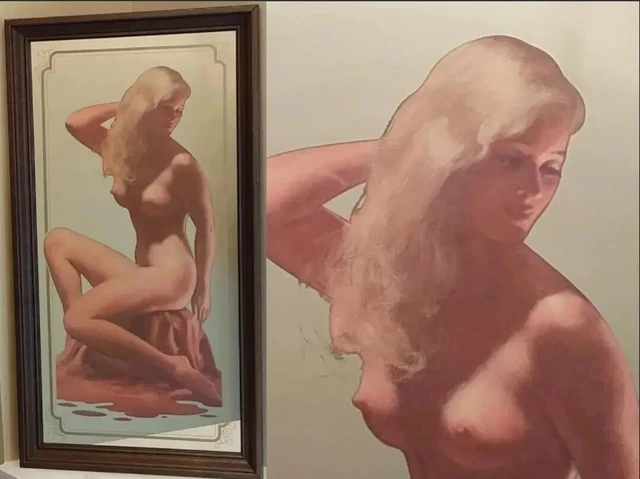 VINTAGE 1970'S PIN UP BATHING BEAUTY PICTORIAL ART MIRROR BAR DECOR 14"x 26"