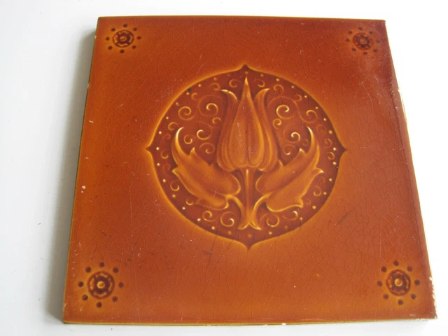 Antique Pilkingtons Moulded & Majolica Glazed 6" Brown  Floral Tile C1909