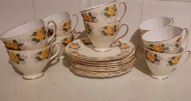 Colclough Yellow Rose And Gold Bone China Cups And Saucers+ Sandwich Plates