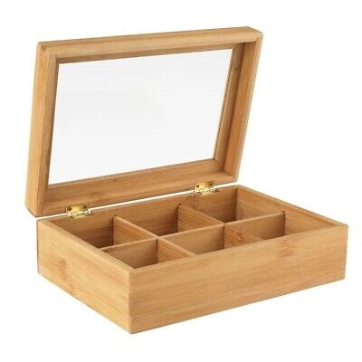 Wooden Bamboo Tea Box 6 Section Clear Lid Compartments Container Bag Caddy Chest