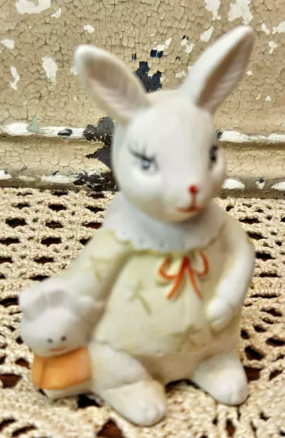 Vintage Hand Painted Ceramic Rabbit Figurine w/ Bunny Doll Easter Spring