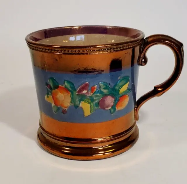 19th Century English Hand Enameled Relief Molded Floral Band Copper Luster Mug