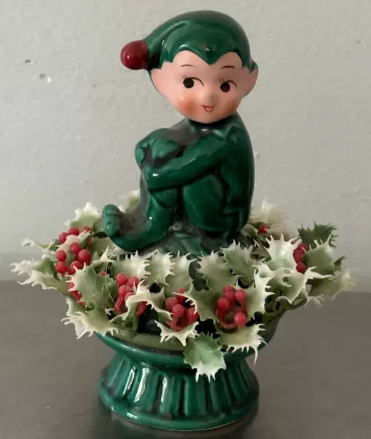 Inarco Ceramic Green Knee Hugger Pixie Elf Figurine Plastic Holly Wreath 1960s