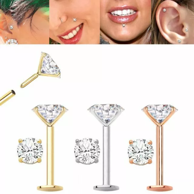 Thin 20G GOLD Steel PRONG SET 2mm 3mm cz gem THREADLESS STUD TRAGUS HELIX LABRET