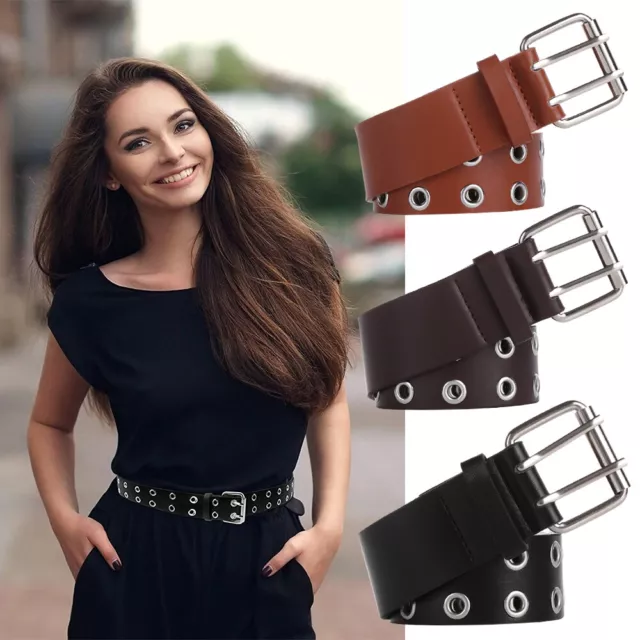 Jeans Pants PU Leather Double Grommet Belt Decorative Belt Punk Belt with Holes