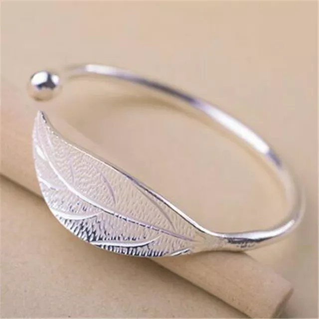 Fashion 925 Silver Leaves Charm Bracelet Cuff Bangle Women Wedding Jewelry Gift