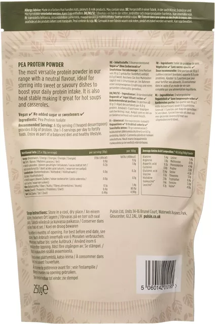 Pulsin Natural Unflavoured Plant Based Vegan Pea Protein Powder 250g Gluten Free 2