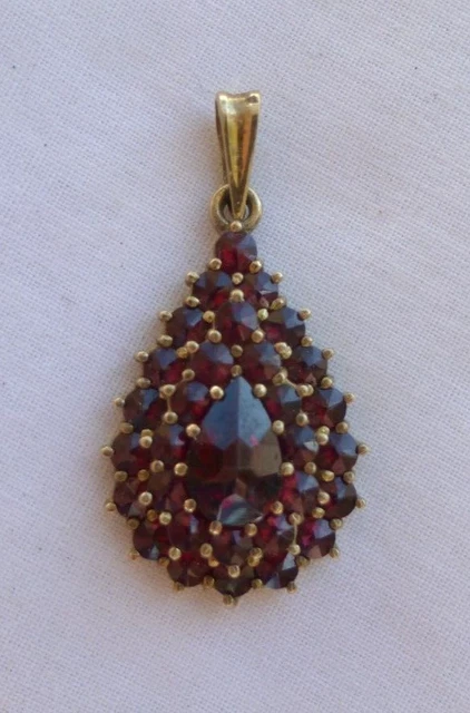 Vtg Czech Republic Bohemian Garnet Teardrop PENDANT Gold Gilt 900 Silver