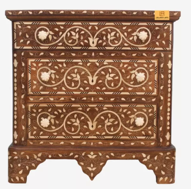 Home Décor Wooden Bone Inlay Floral Design Chest of 3 Drawers Dresser