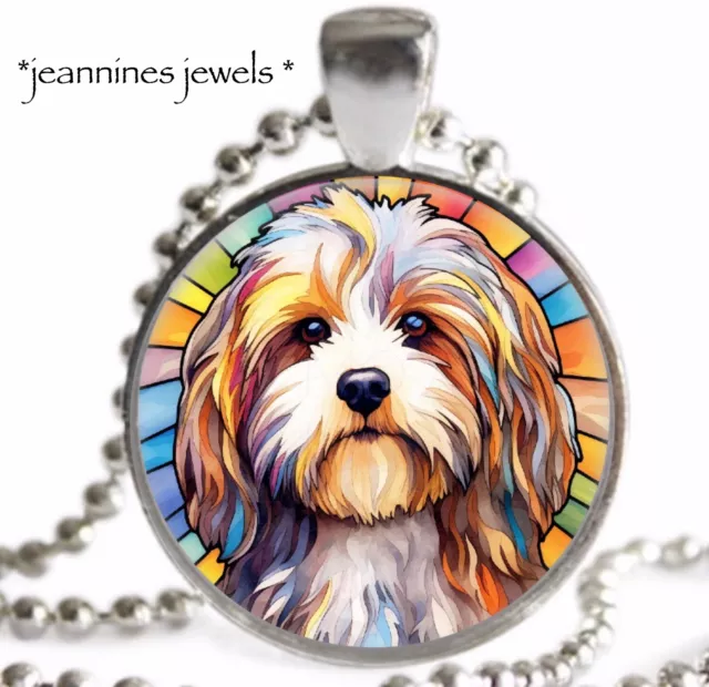 Havanese Dog Charm NECKLACE Faux Stained Glass ART PRINT Silver Puppy Pendant