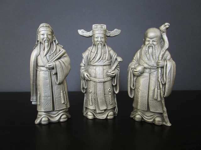 TUMASEK Pewter Chinese Gods Fu Lu Shou Figurines Fortune Prosperity Longevity