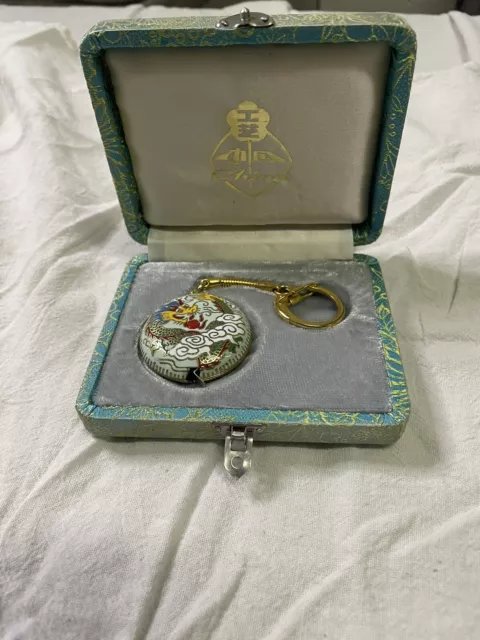 Vintage Cloisonné Dragon Measuring Tape Keychain With Original Carrying Case
