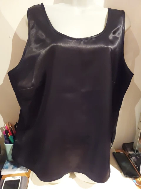 Flash Back. Black Satin Look Vest Top.  Size 22-24? 2