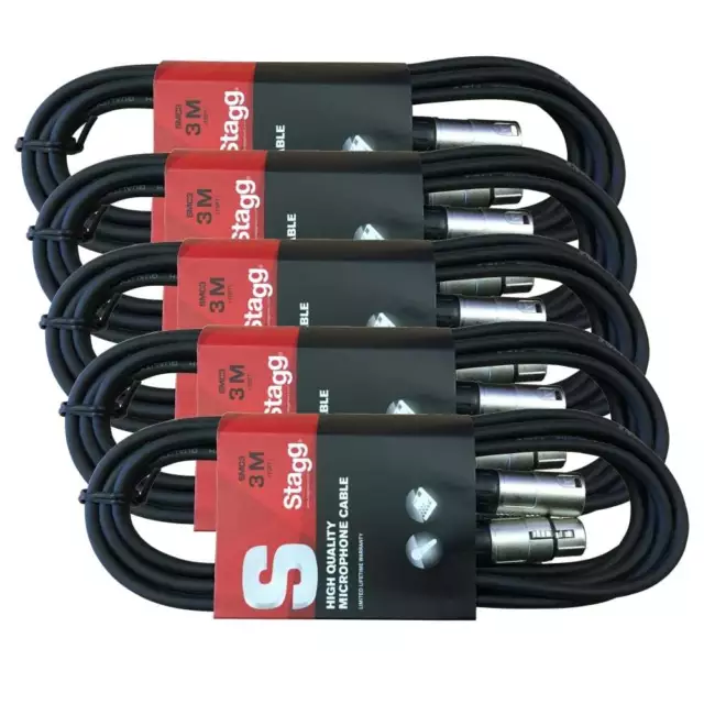 Stagg / Stagecore 5 x 3M Black XLR M2F Microphone Lead & Audio Signal Cable Pack