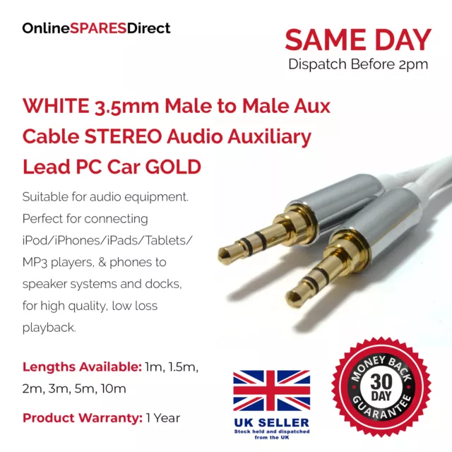 1m/1.5m/2m/3m/5m/10m WHITE 3.5mm Male to Male Aux Cable STEREO Audio Auxiliar...