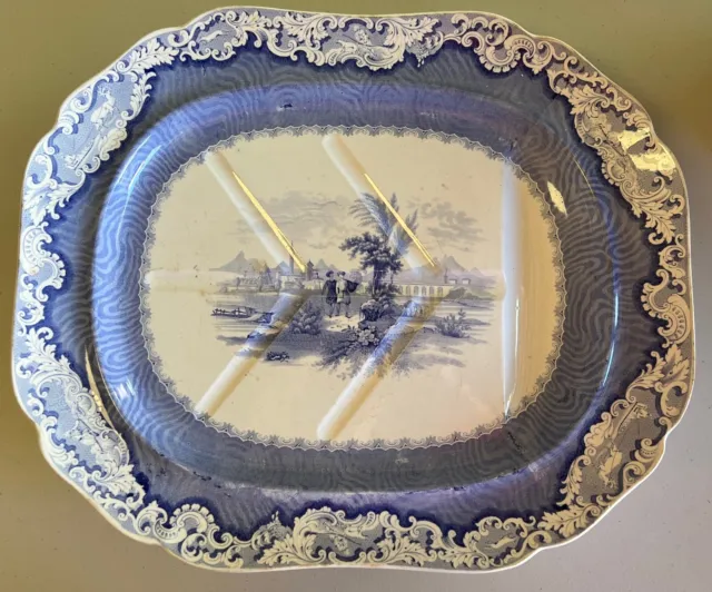 19th Century Blue & White Meat Platter with Well - Damask Border