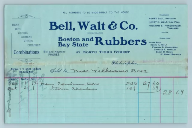 Ephemera BILLHEAD RECEIPT Bell Walt & Co Boston & Bay State Rubbers 1909 Phila