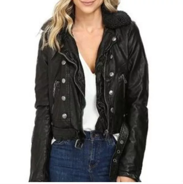 FREE PEOPLE | Ashville Faux Leather Biker moto Jacket in black sz L 2