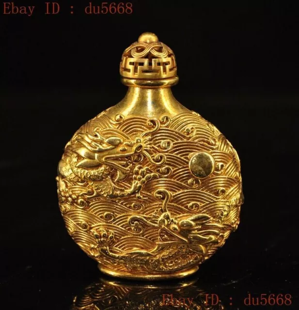 3"Chinese palace dynasty Bronze 24k gold Gilt animal Dragon statue snuff bottle