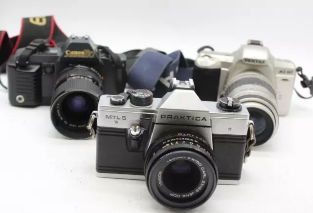 C x3 Vintage SLR Film Cameras Inc. Praktica MTL3, Canon T70 etc