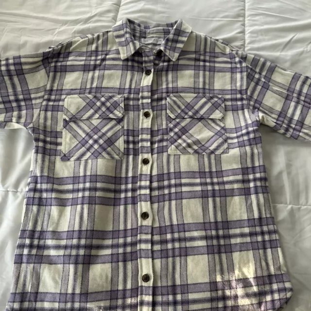 Zara Plaid Flannel Shirt Girls Size 13-14 Long Sleeve Layering White Purple Top