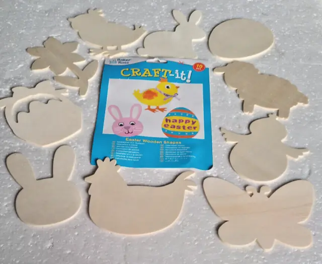 Baker Ross Craft It Sets 10 EASTER Wooden Shapes Templates Draw Round & Decorate