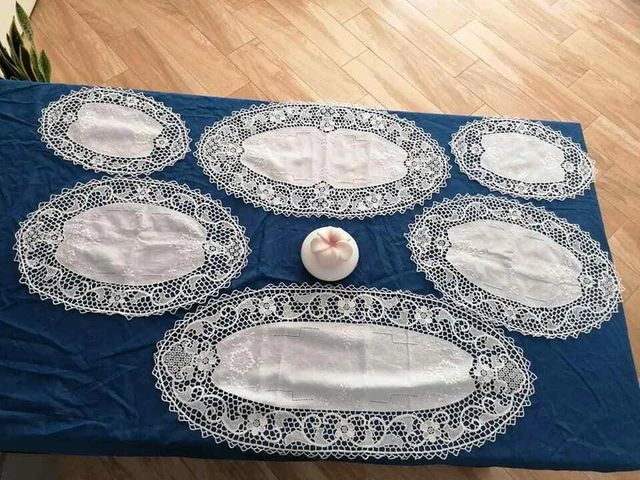 Nappe En Pur Lin Blanc 50% Broderie à La Main Punto Pien - 12 Pièces