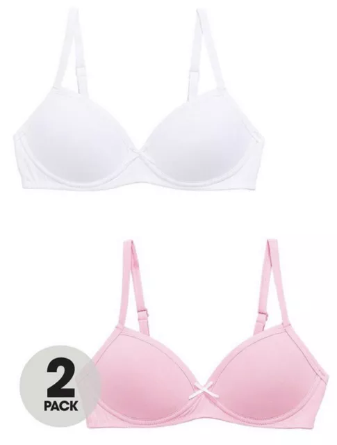 V By Very Girls Teens 2 Pack Moulded Cotton Soft Bras Pink White Size 30 A 30A