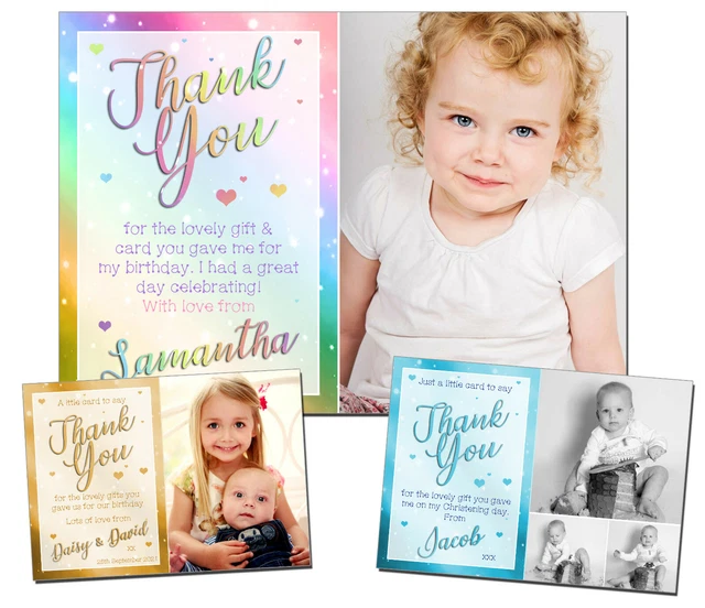 10 PERSONALISED PHOTO Rainbow Thank You Cards Birthday Christening Boy