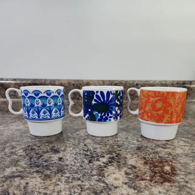 Vintage Stacking Coffee Mugs Cups Retro Flowers Orange Blue Japan MCM