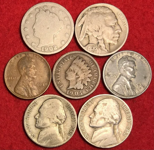 (7) US Coin Lot Liberty Head Buffalo Silver War Nickels Indian Head Wheat Cents