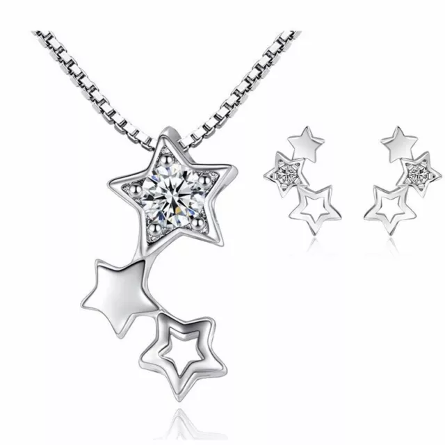 Womens 925 Sterling Silver Star Stud Earrings Chain Necklace Pendant Set Jewelry