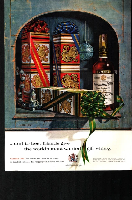 1959 Canadian Club Rye Whisky Vintage Print Ad Christmas Gift Box Wall Art 50s