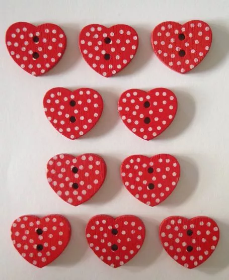 10 Wooden Flatback Buttons Red Hearts 2 Hole Spots 15mm Sewing Craft UK SELLER