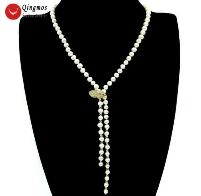 AA 6-7mm Round Natural White Pearl Necklace for Women Jewelry Long Necklace 30"