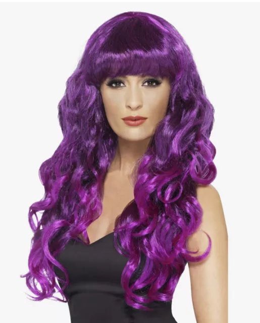 Adult Ladies Long Wavy Siren Mermaid Purple Wig Fancy Dress Accessory Costume
