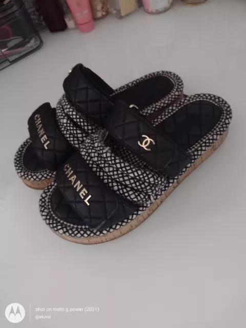 CHANEL Dad Sandals 22P Black Raffia Mesh Leather Shoes CC Logo Flats Size  EU 40