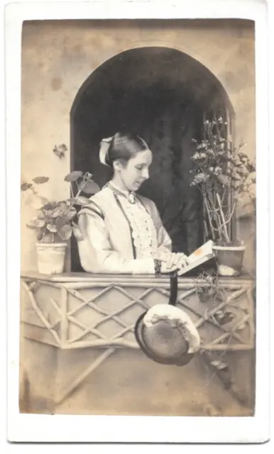 Young Scottish Woman Reading Balcony CDV Photo circa 1870 Albumin Print