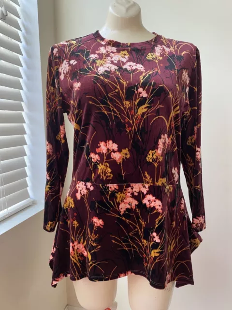 Ivanka Trump Womens MEDIUM Maroon Floral 3/4 Sleeve Velour Like Top VEUC