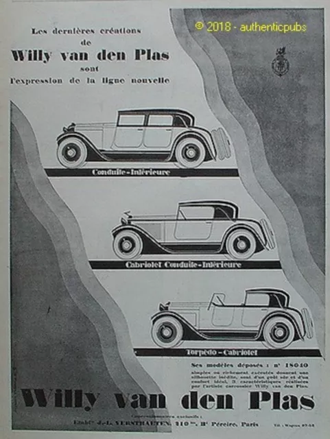 Publicite Willy Van Den Plas Automobile Cabriolet Torpedo De 1926 French Ad Pub